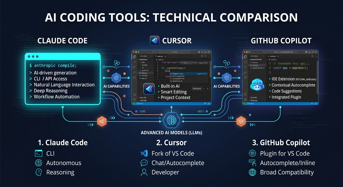 Claude Code vs Cursor vs GitHub Copilot comparison diagram showing intelligence scope from function-level to system-level
