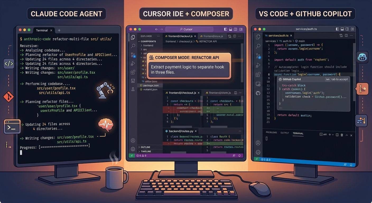 Claude Code vs Cursor vs GitHub Copilot side by side developer screens showing multi-file refactor, visual diff, and inline suggestions
