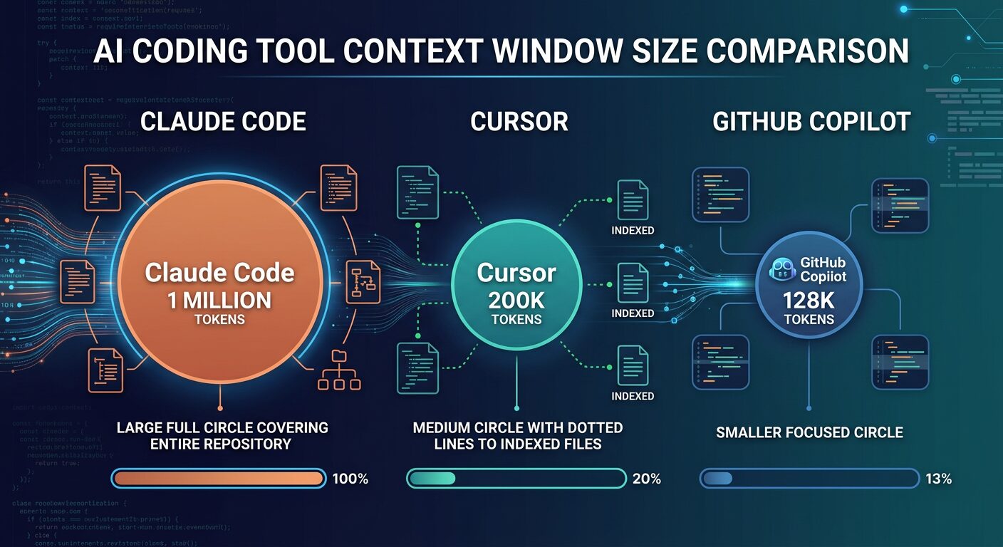 AI coding tools context window size comparison showing Claude Code at 1M tokens, Cursor at 200K, and GitHub Copilot at 128K