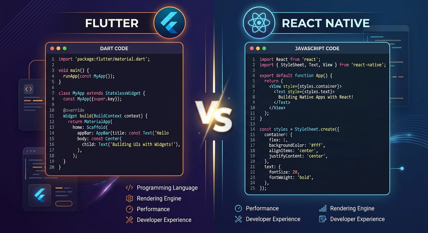Flutter vs React Native comparison split screen with Dart and JavaScript code