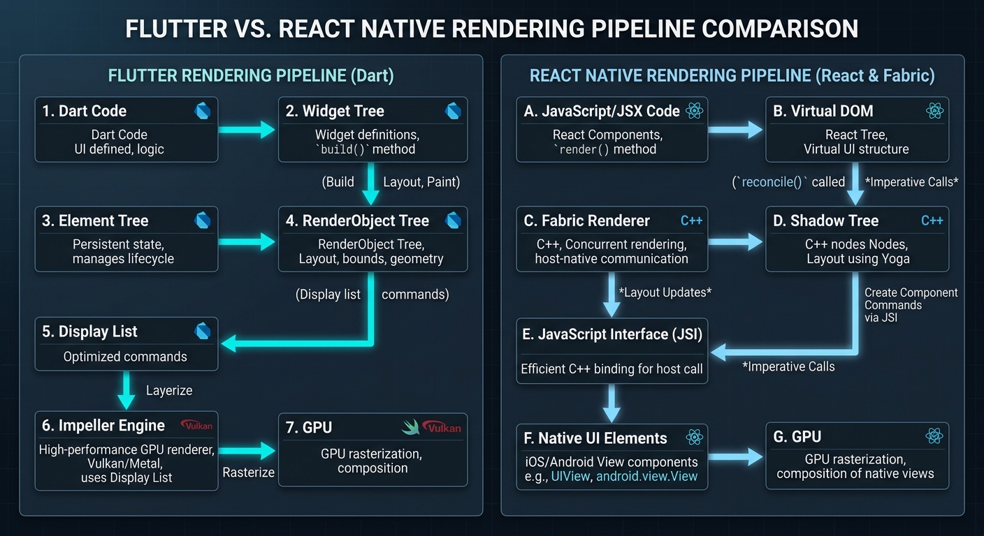 Flutter vs React Native architecture rendering pipeline diagram