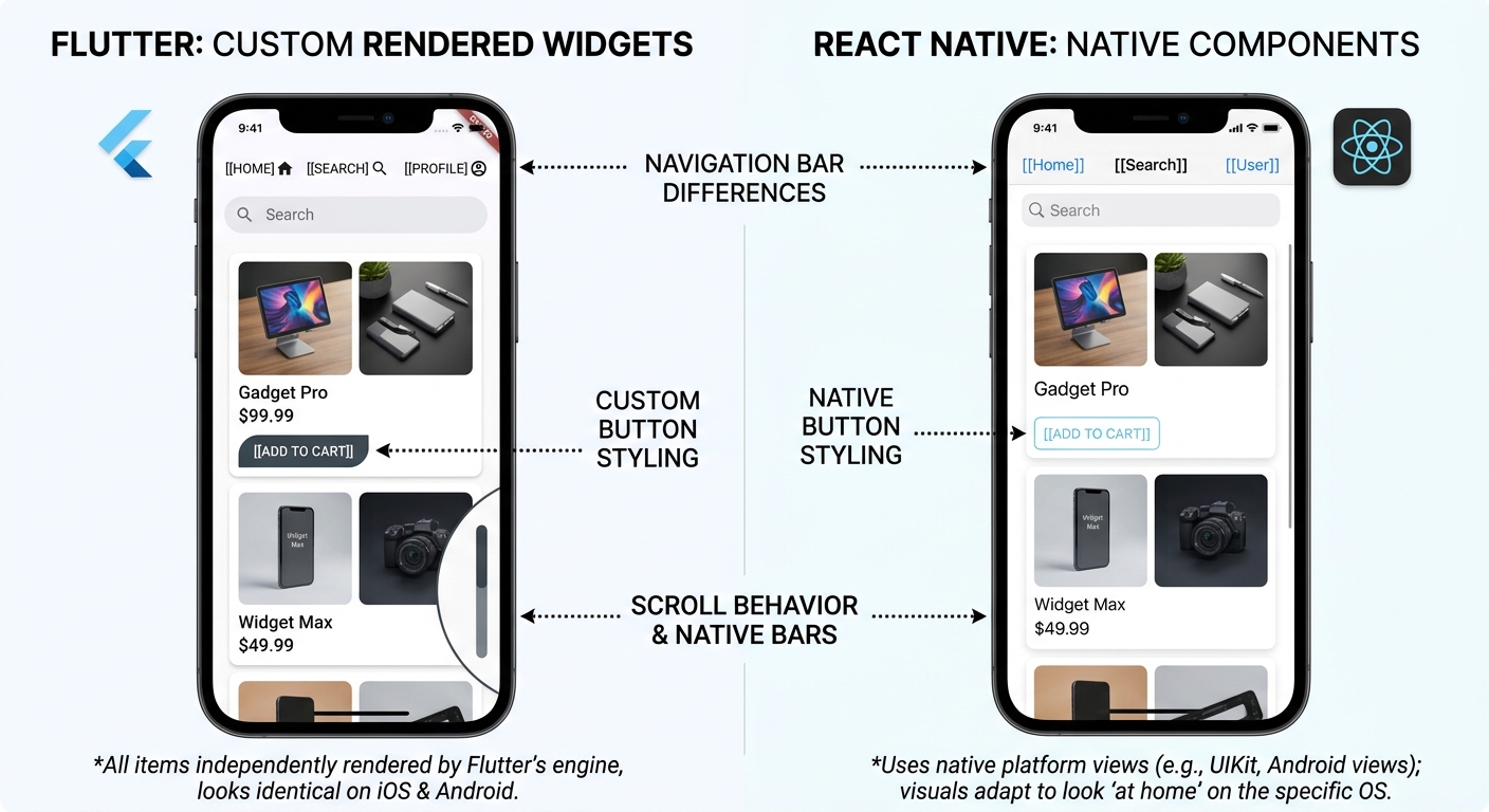 Flutter vs React Native UI comparison showing widgets versus native components