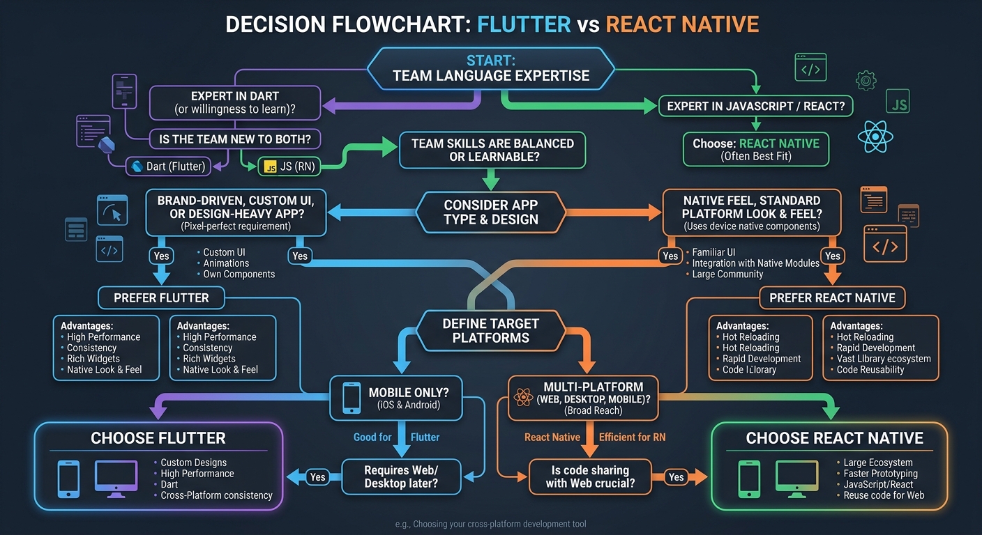 Flutter vs React Native decision flowchart for choosing framework