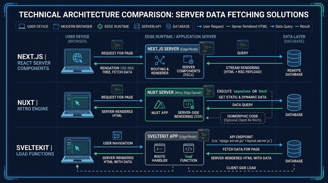 Three framework workbenches comparing route rendering, cache ownership, and deployment targets