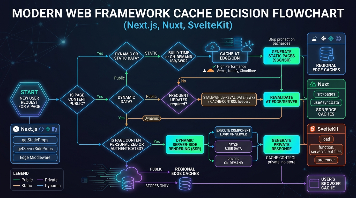 Performance test bench showing cold requests, warm cache runs, browser metrics, and invalidation traces