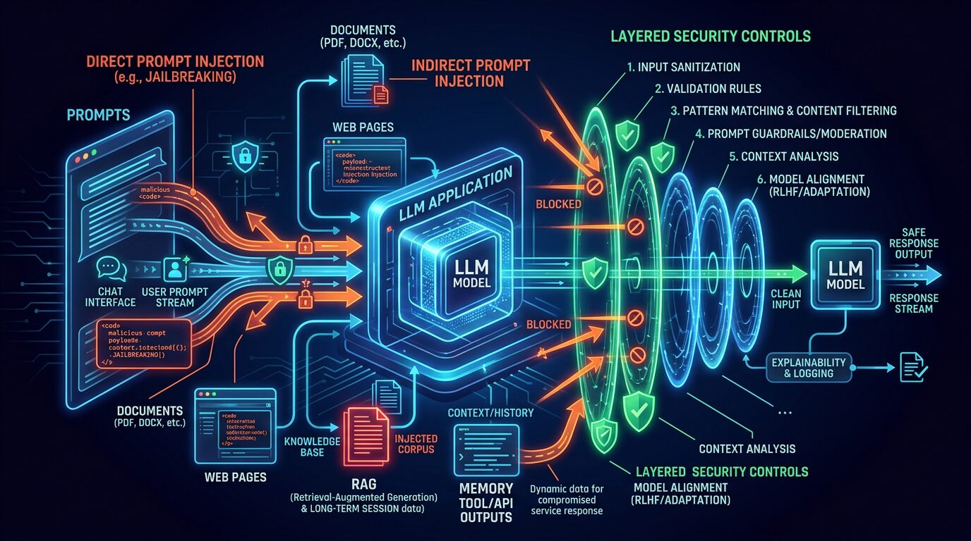 Threat-path diagram showing prompt injection routes into an LLM agent