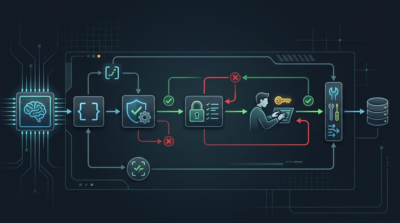 Sequence diagram of deterministic tool-call authorization before side effects