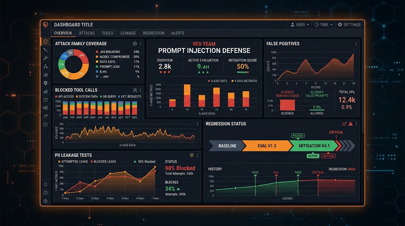 Red-team evaluation dashboard tracking attack success and data-leakage rates