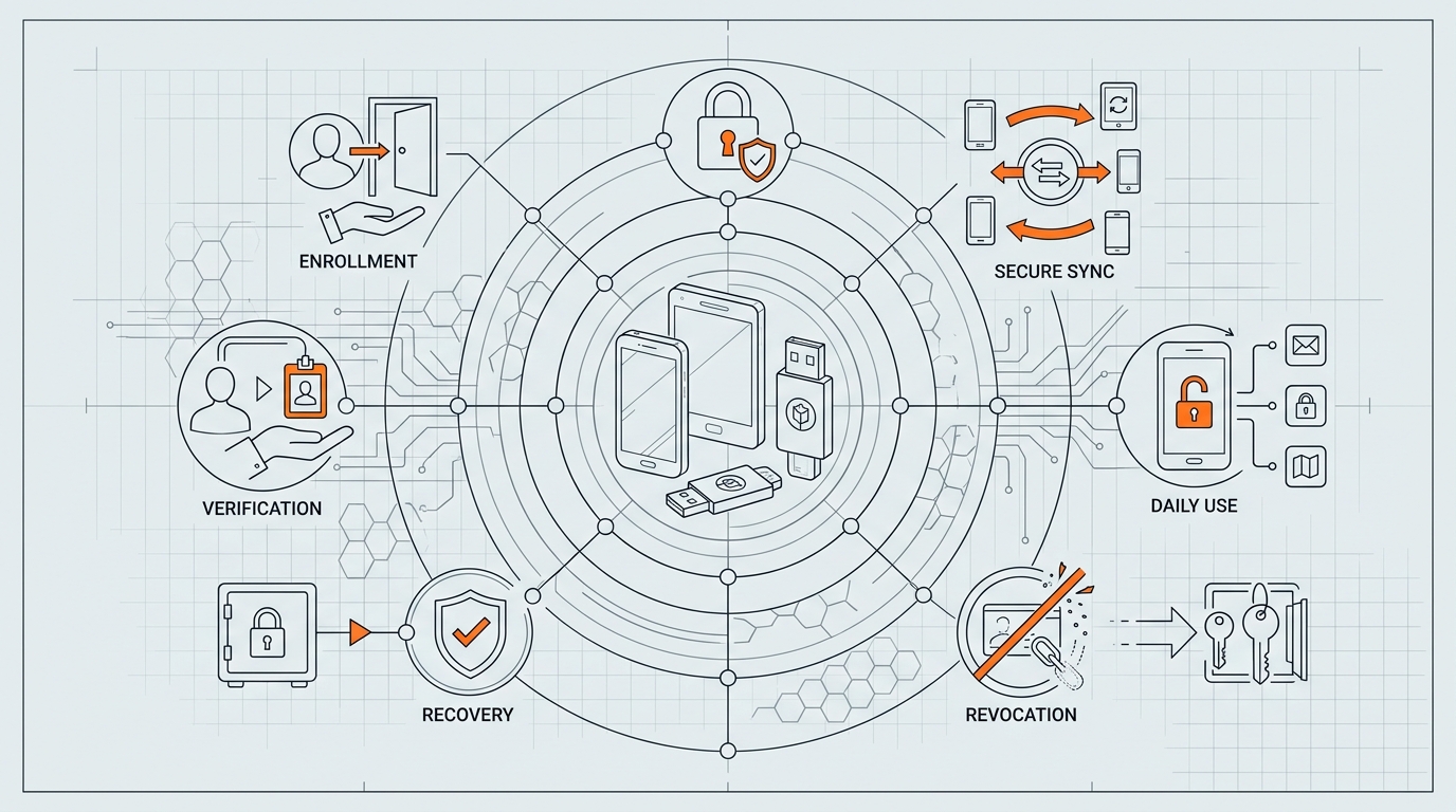 Mobile passkey credential lifecycle from enrollment through revocation and recovery