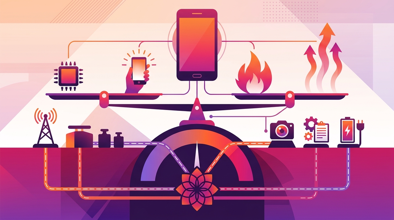 Mobile application heat budget across processor, display, radio, camera, and charging