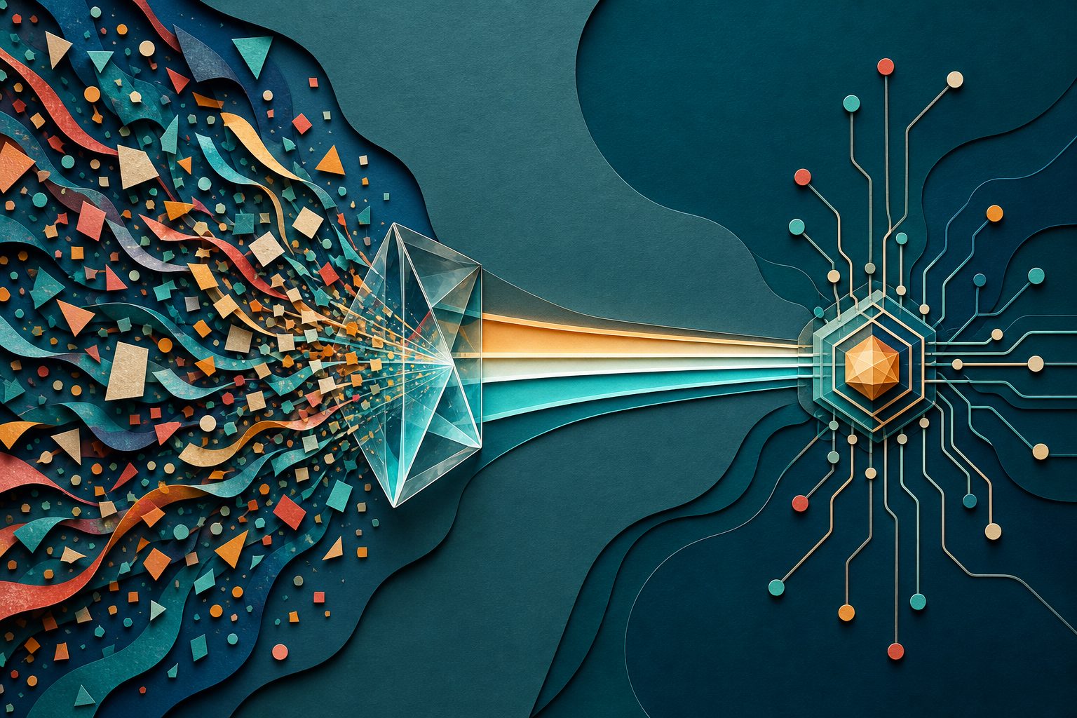 Noisy context filtered into a compact high-signal evidence stream for an AI agent